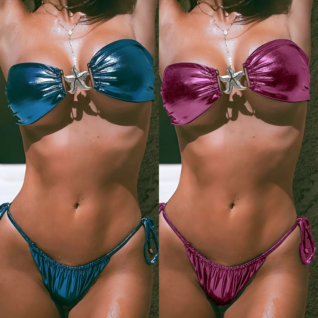 Women's glossy sapphire blue bikini set with gold starfish decoration, showing tube top and briefs.