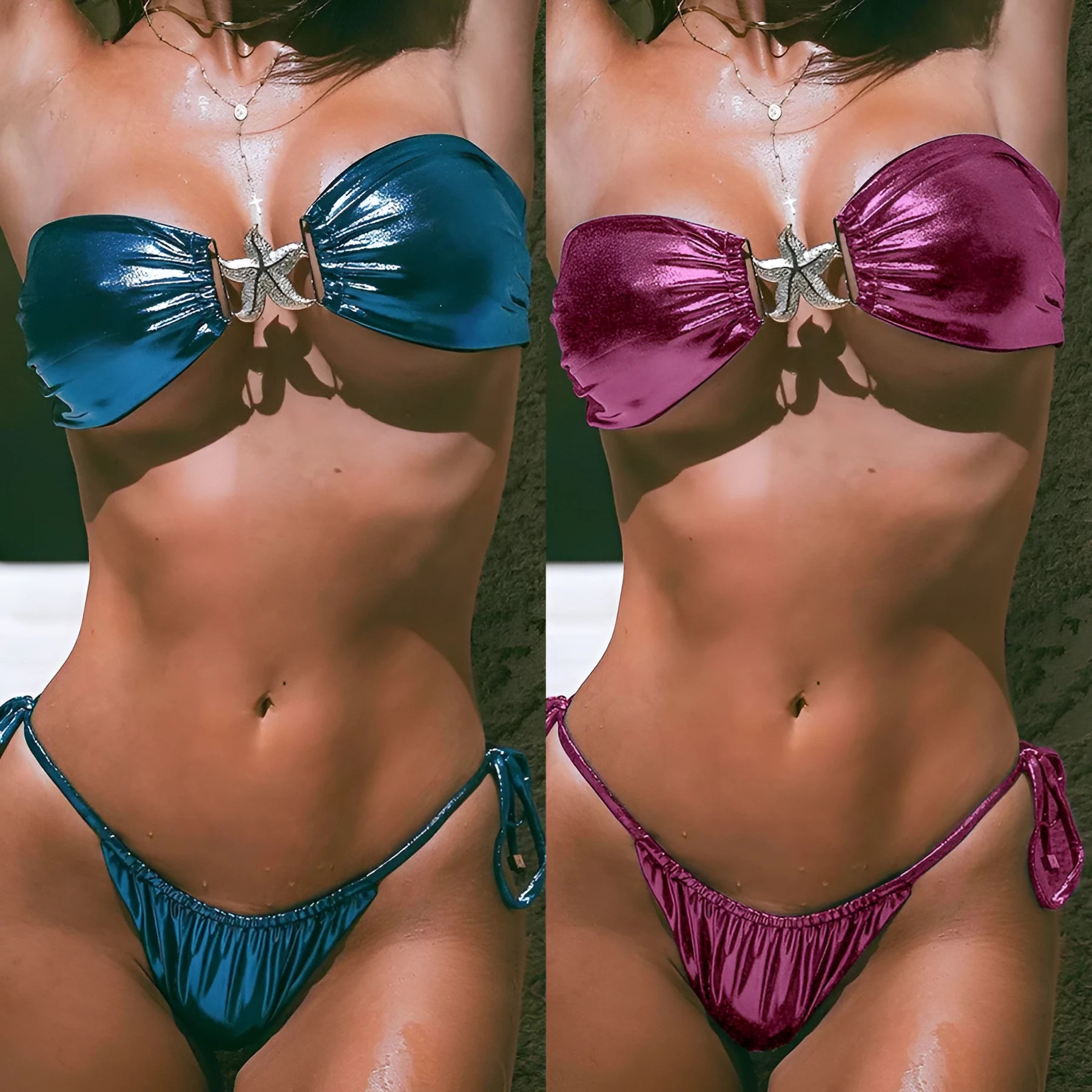 Women's glossy sapphire blue bikini set with gold starfish decoration, showing tube top and briefs.