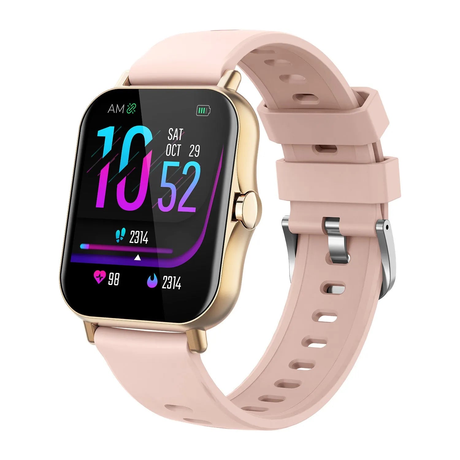 W10 smartwatch in silver on wrist showing heart rate display on its curved touch screen.