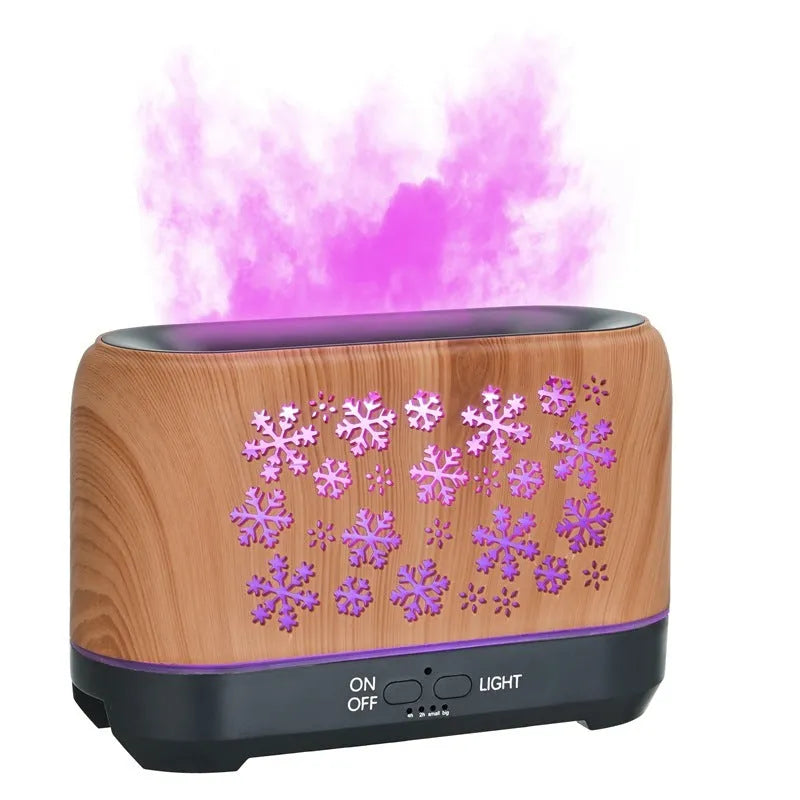 Square desktop aromatherapy humidifier with colourful snowflake wood grain pattern and flame effect lighting