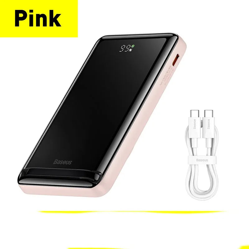 Blue 3-in-1 slim magnetic wireless power bank showing dimensions and USB charging cable