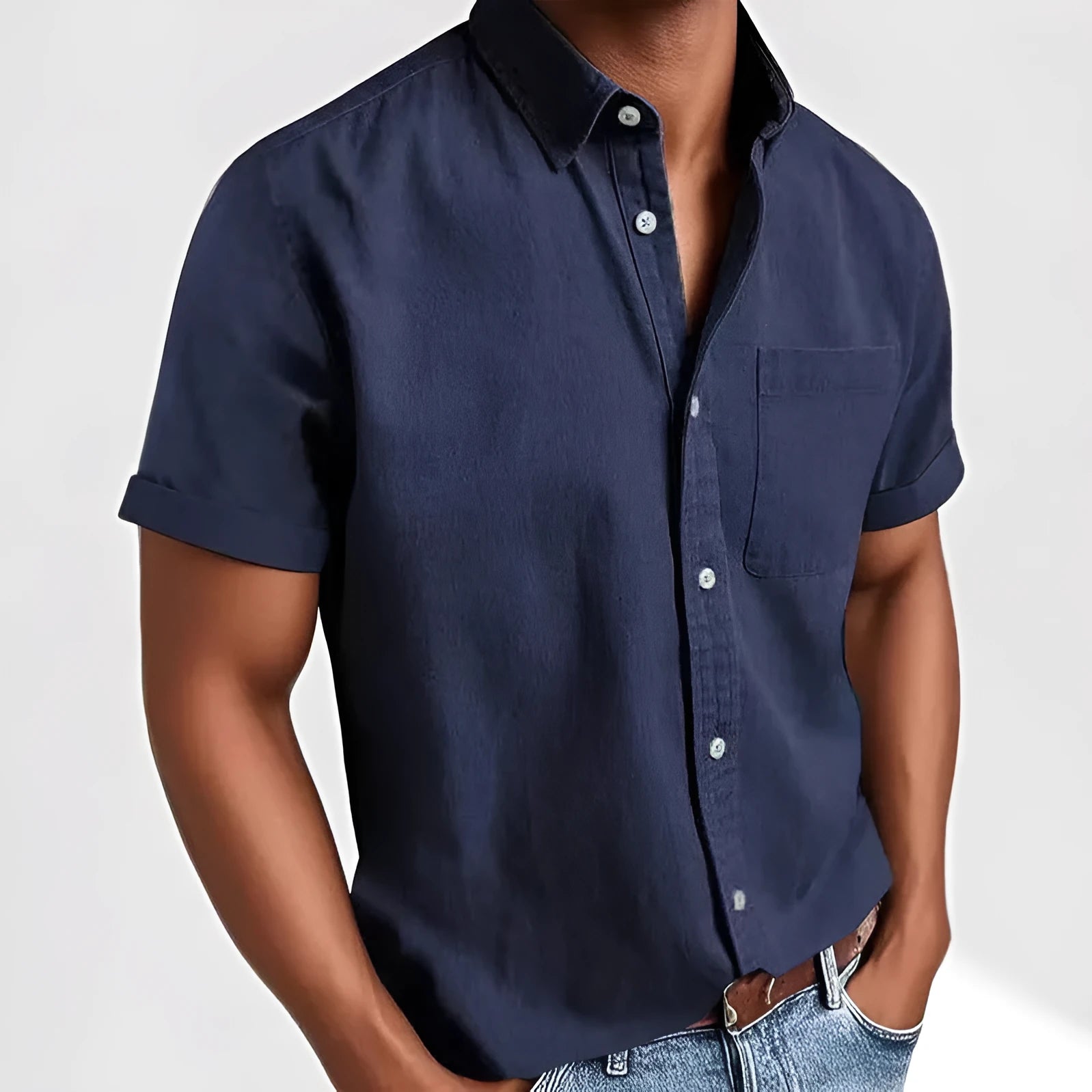 Men's loose fit short sleeve cardigan-style shirt in a cotton blend fabric, shown in a neutral colour.