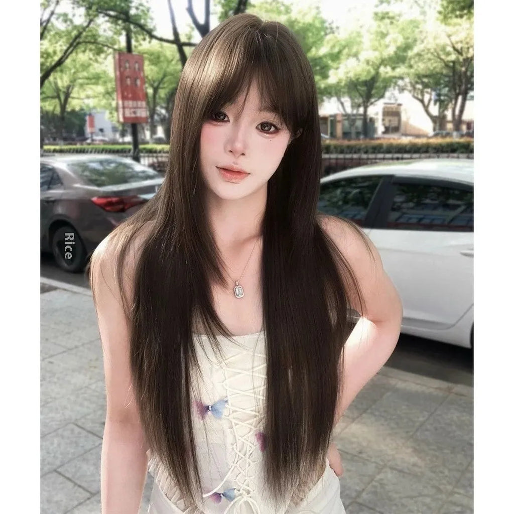 Brown black simulation wig with high-temperature fiber and wear-free hair net for ladies, natural look.