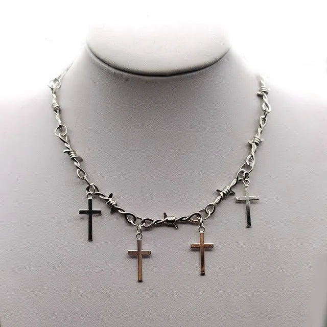 Iron wire choker necklace with geometric alloy pendant in white K, unisex hip hop gothic punk style