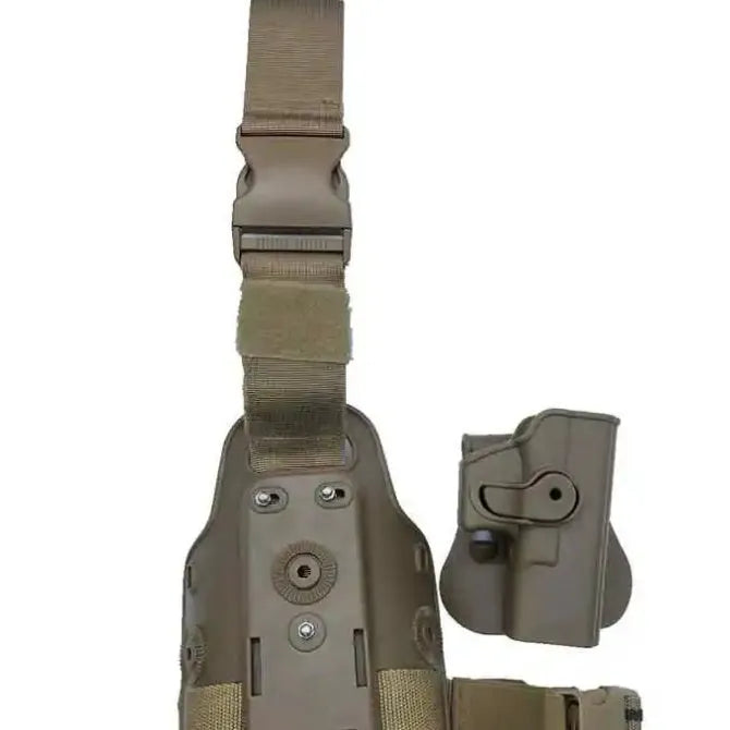 Green plastic tactical leg holster bag attached via waist plate, shown on a leg.
