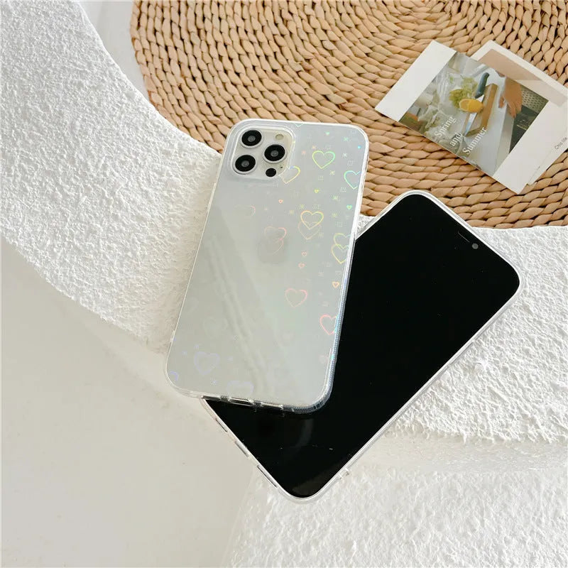 Transparent silicone iPhone case with laser-engraved colourful love motifs and butterfly decoration options