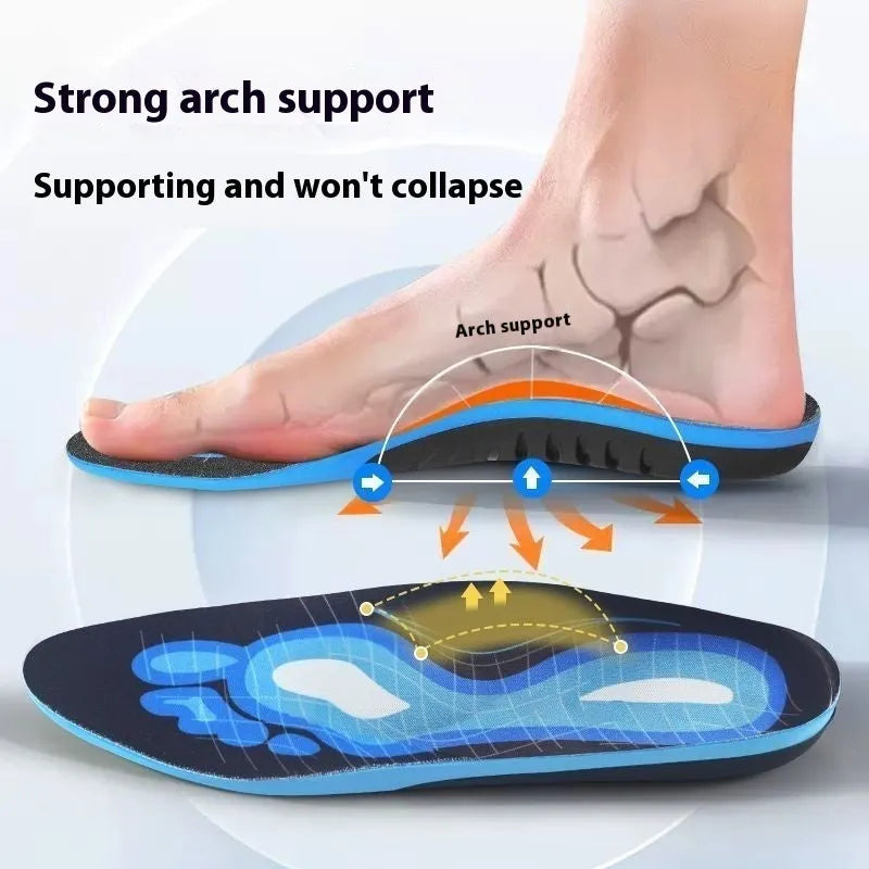 Blue and green PU flat foot correction insoles for men and women, shown in universal size ranges.