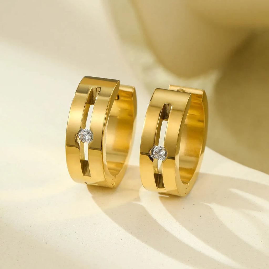 Pair of geometric diamond ear clips in 18K electroplated stainless steel, shown in gold, colour matching, and rose gold options