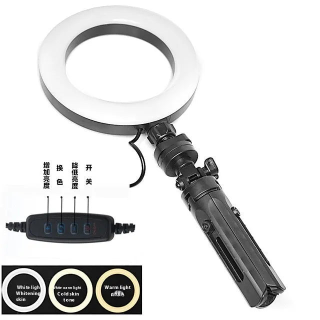 Mobile live streaming bracket with adjustable fill light on desktop tripod in black colour