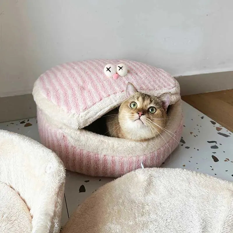 Causeway Braised Sandwich Cat Nest in pink, closed style with lid, 45cm diameter