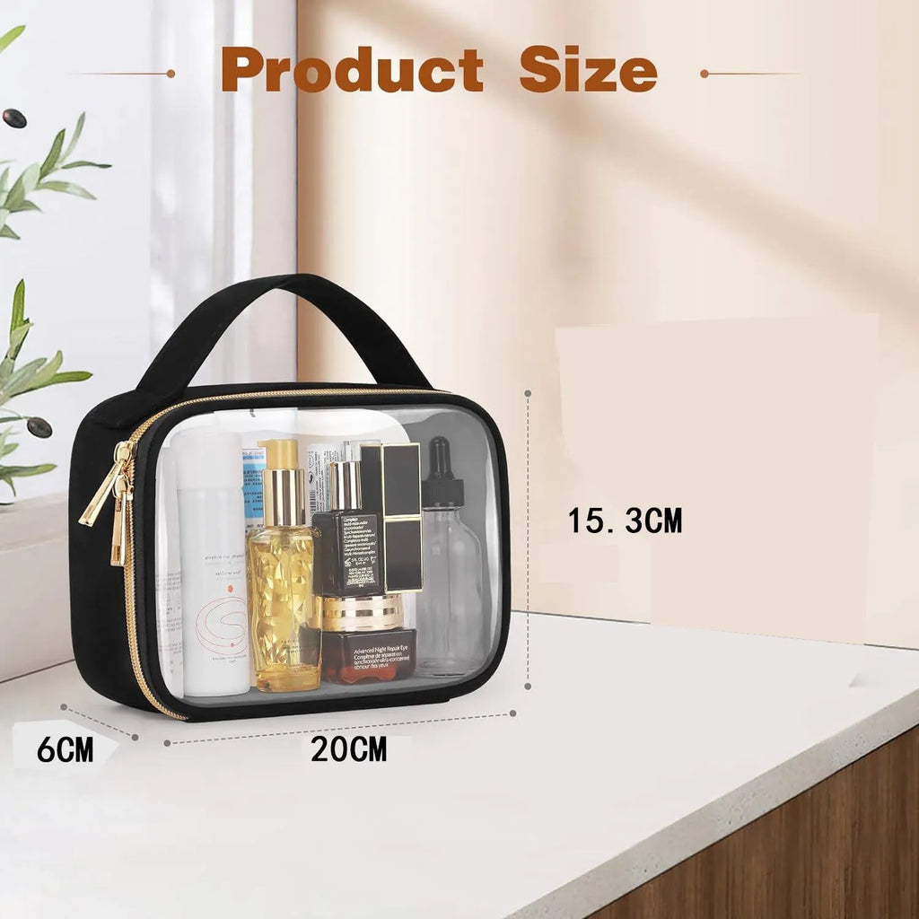 Transparent PVC makeup storage bag with chain handle, showing leopard print colour option.