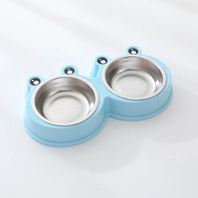 Stainless steel pet double bowl for food and water in blue, green, and pink colour options.