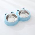 Stainless steel pet double bowl for food and water in blue, green, and pink colour options.