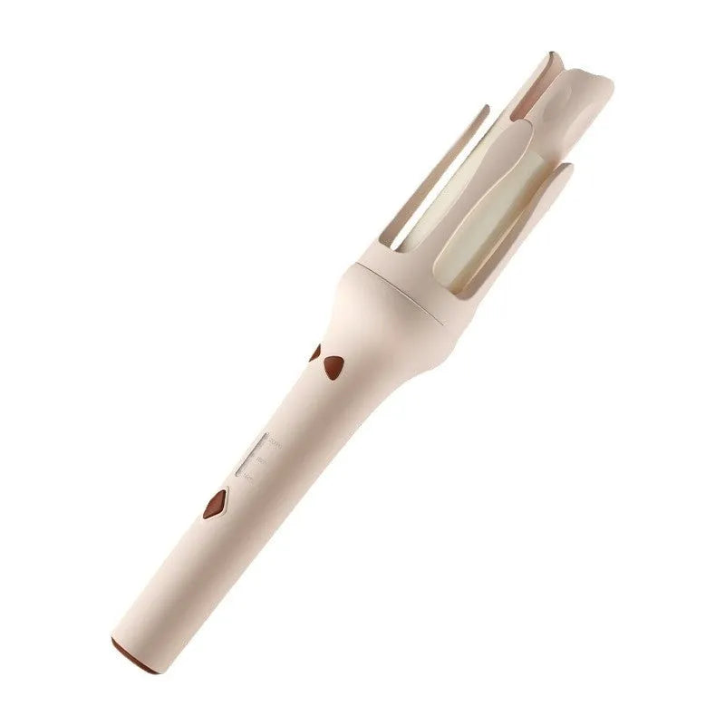 White and pink automatic hair curler with a 32mm ceramic barrel and a US plug adapter on a table.