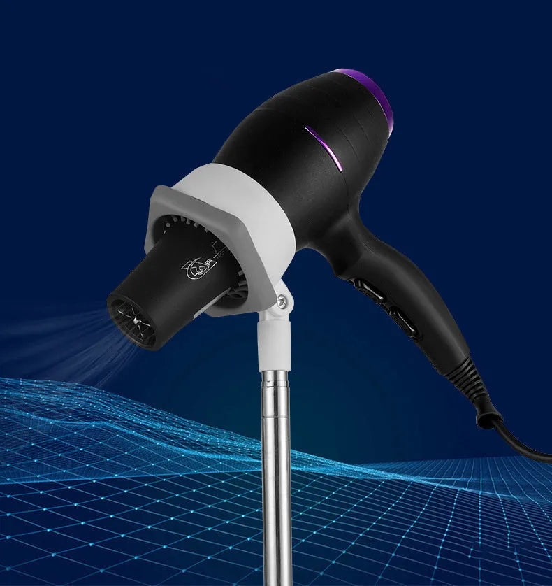 Vertical hair dryer stand with adjustable tray in black color, holding hairdryer on stable base
