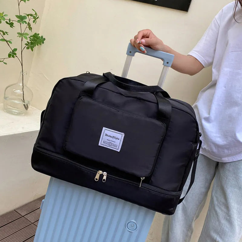 Foldable Oxford cloth travel duffel bag for women with zipper pockets and dry wet separation in purple