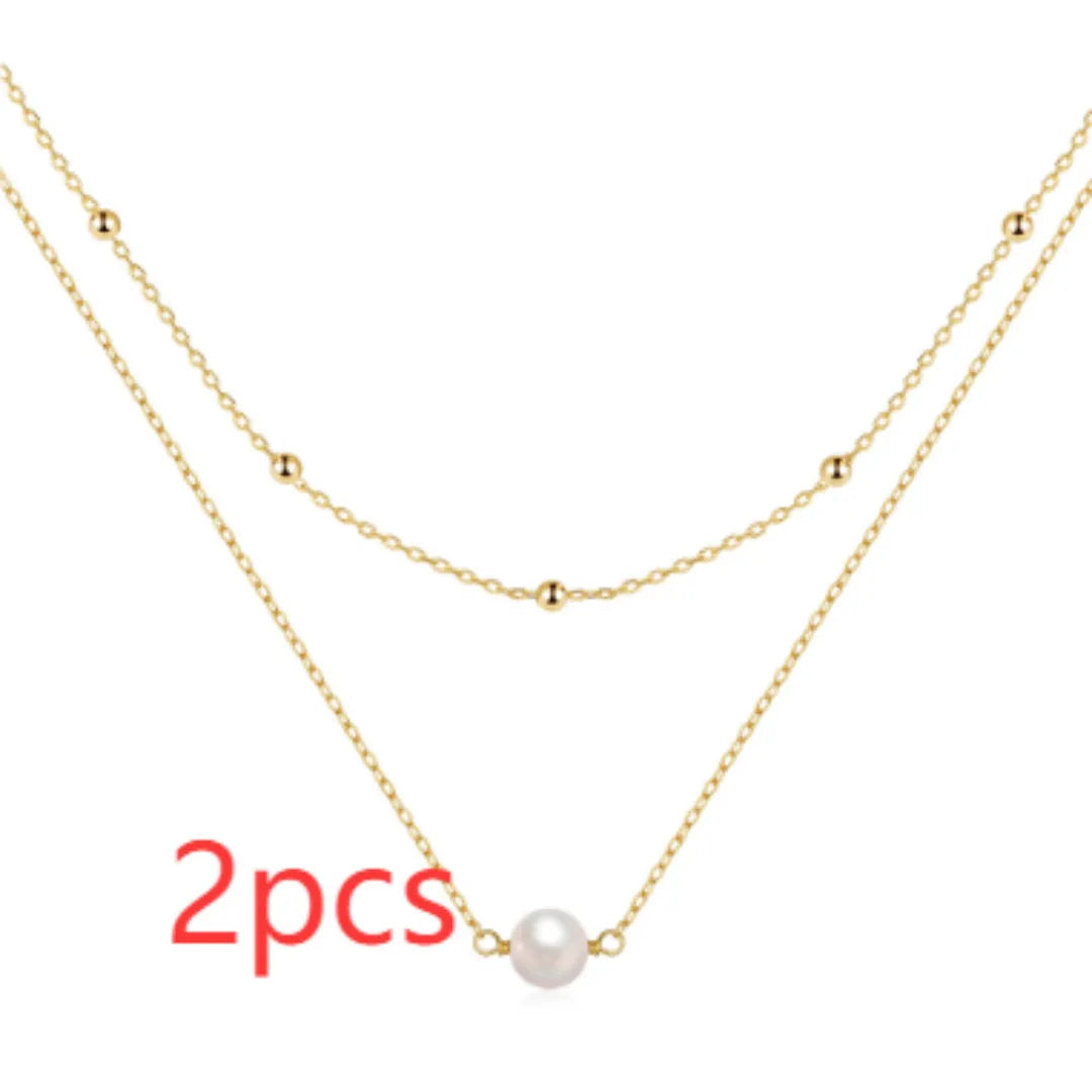S925 sterling silver double layer women's necklace with twin pearls and geometric pendant on ball bead chain.