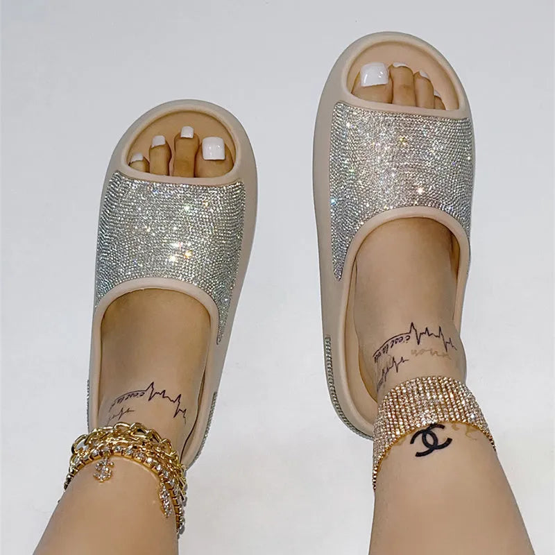 Rhinestone slippers women peep toe thick sole casual slides summer leisure Apricot colour EVA upper cloth lining