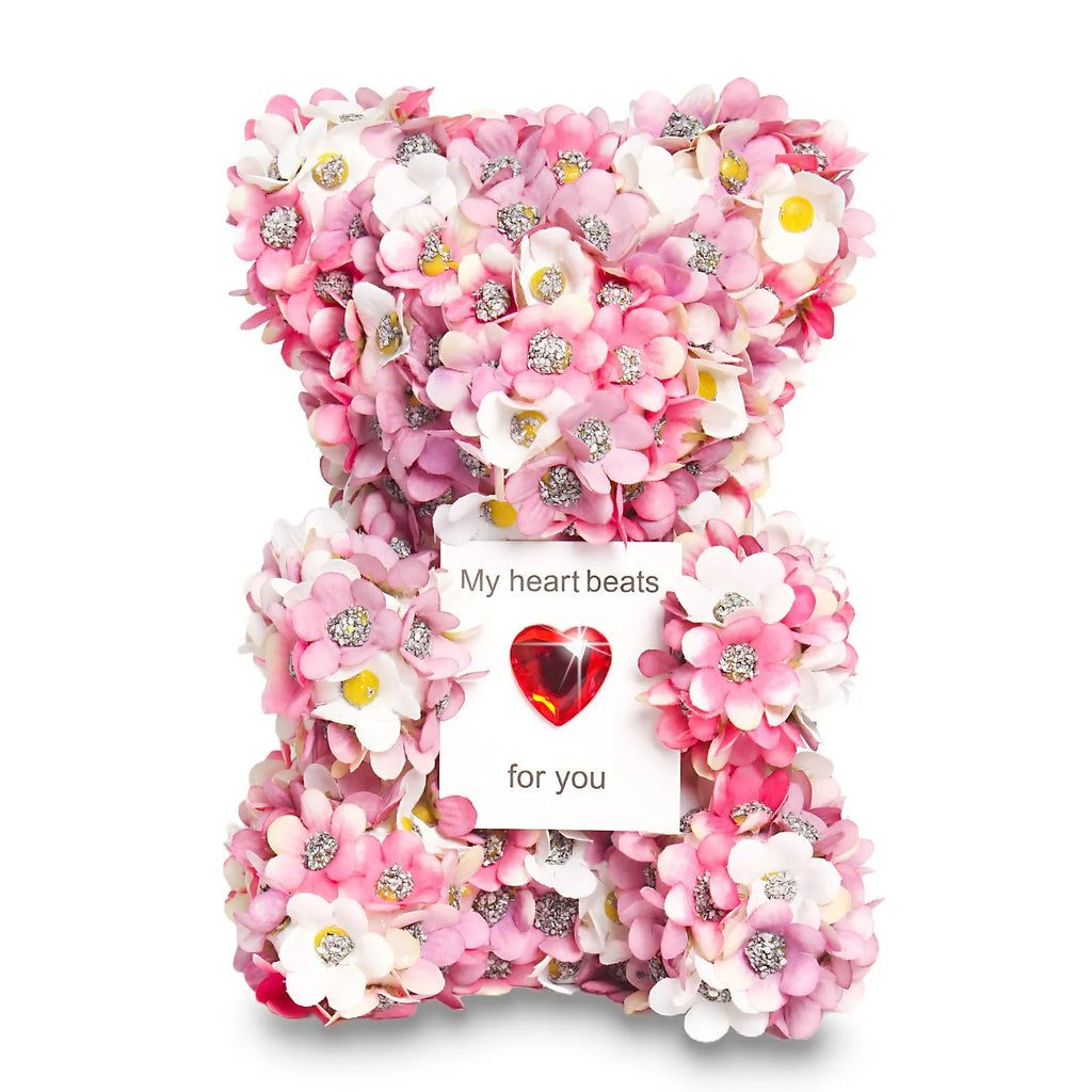 Pink handmade artificial rose bear ornament 17 cm tall polyester and foam construction Valentine's gift