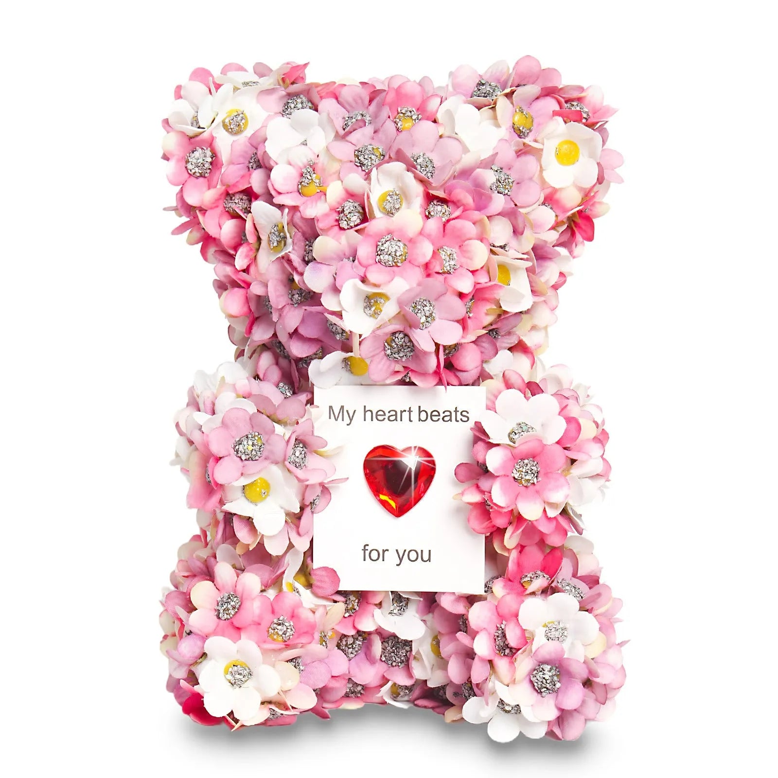 Pink handmade artificial rose bear ornament 17 cm tall polyester and foam construction Valentine's gift