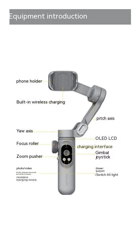 Silver grey Ochan SMART X PRO three-axis smartphone gimbal stabiliser with extended limbs and Bluetooth remote.