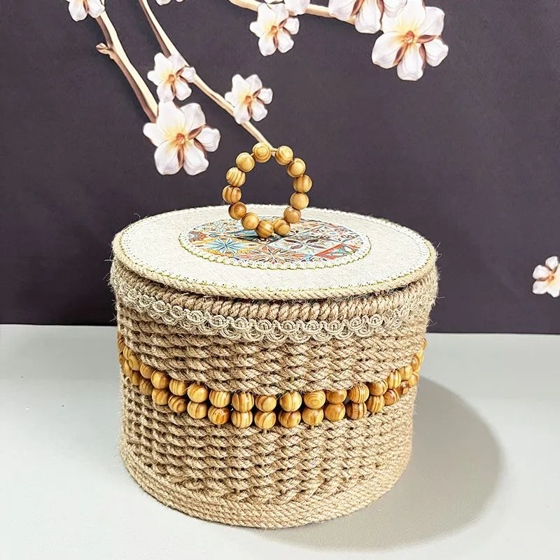 Hand-made brown rattan storage basket for snacks, cosmetics and sundries, available in 20cm and 23cm sizes.