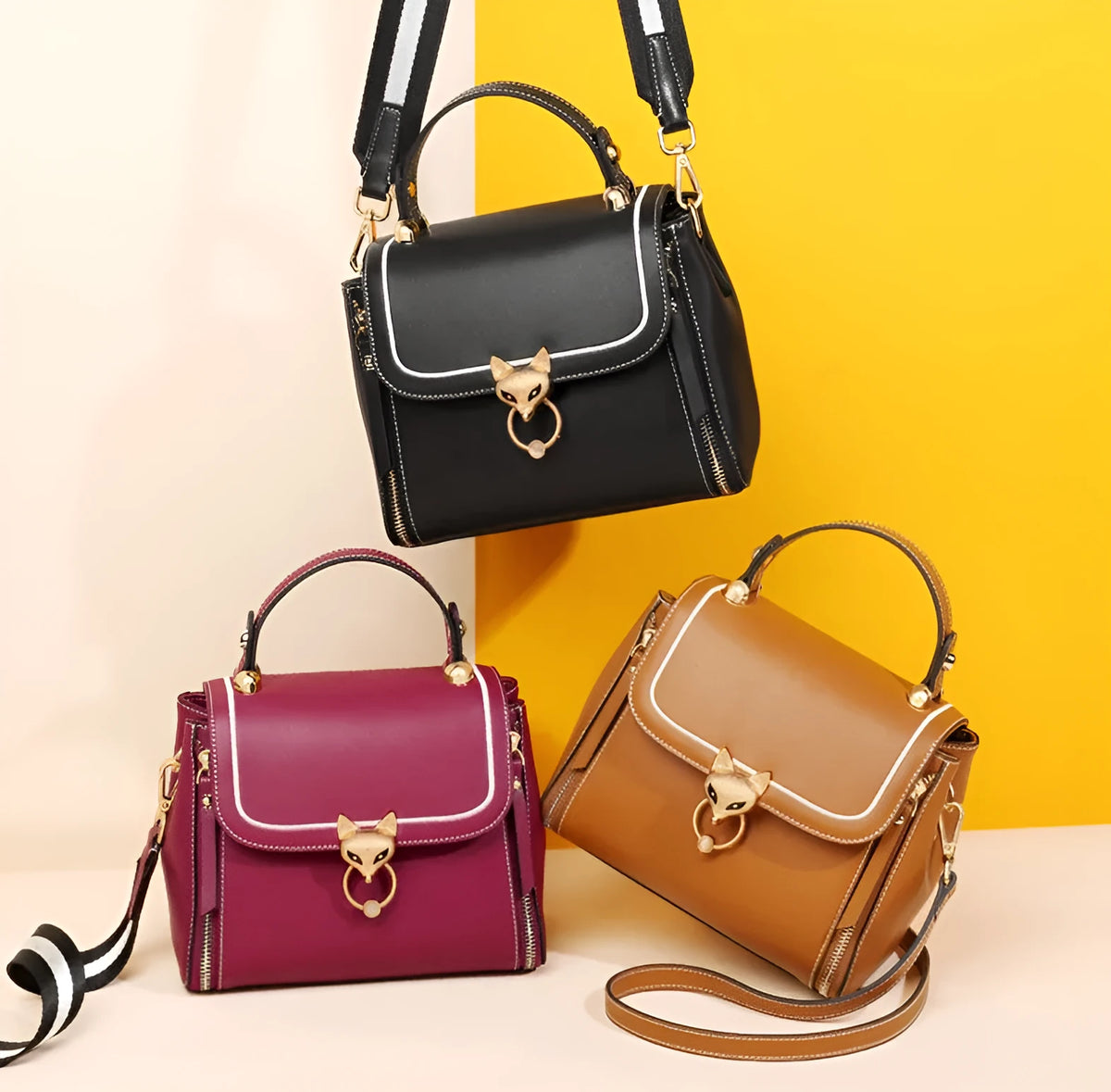 Women's split leather crossbody handbag in black, red or brown with zipper closure and large capacity