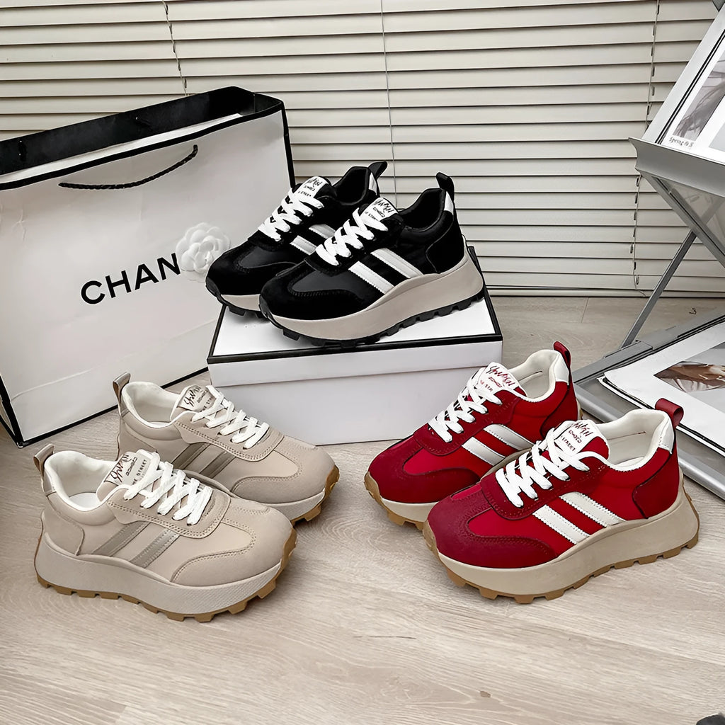 Women's platform casual sneakers, retro round toe, microfiber upper mesh lining, beige, black, red