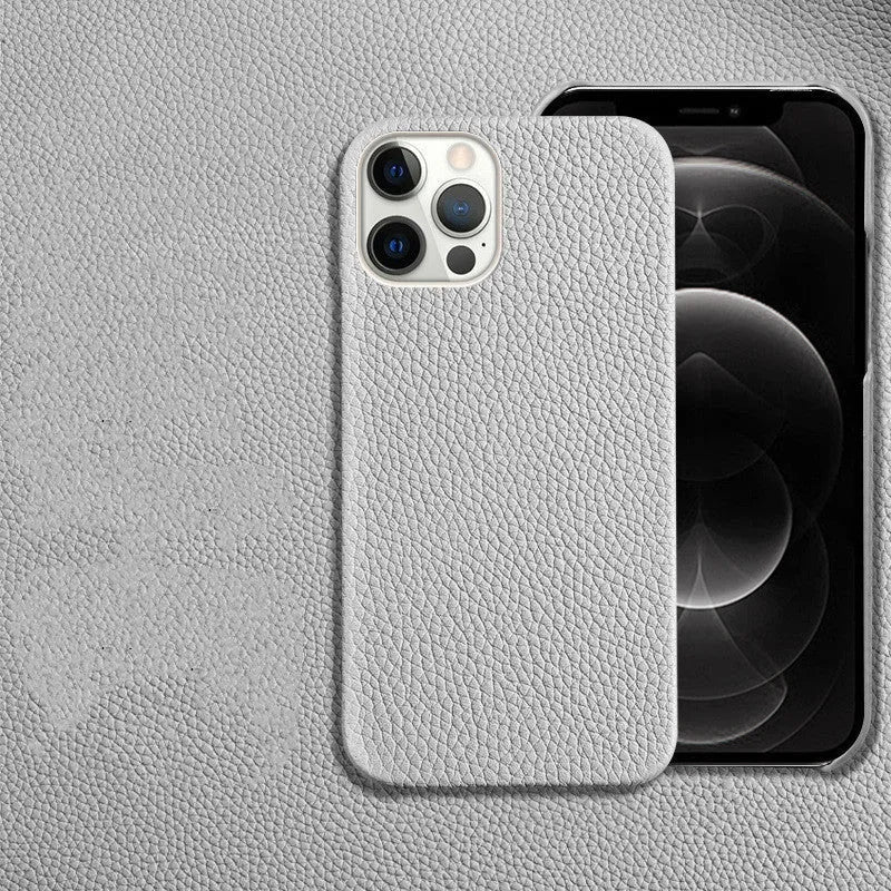 Genuine leather brown iPhone protective case showing half-coverage design on an iPhone.