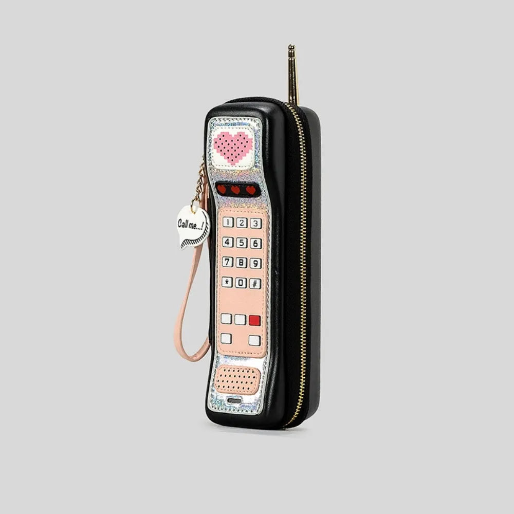 Phone-shaped PU handbag in contrast colour with vertical square form, available in black