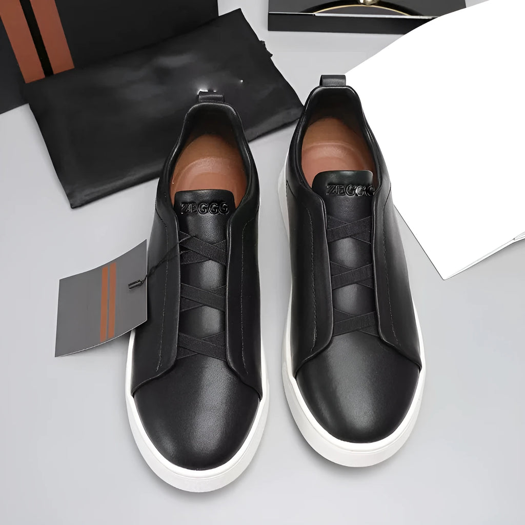 Men's genuine leather cross-strap casual shoes with cowhide upper, round toe, flat heel, and front laces