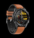 Black smart watch with zinc alloy case and leather strap showing 1.3-inch screen displaying heart rate data.