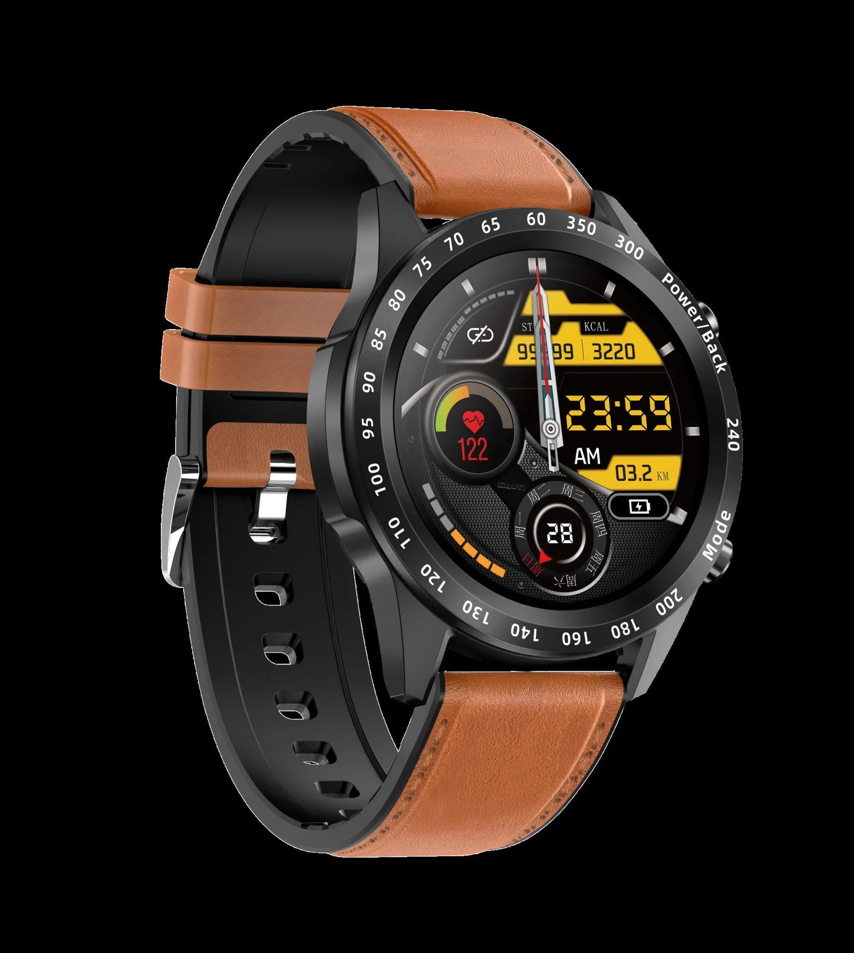 Black smart watch with zinc alloy case and leather strap showing 1.3-inch screen displaying heart rate data.