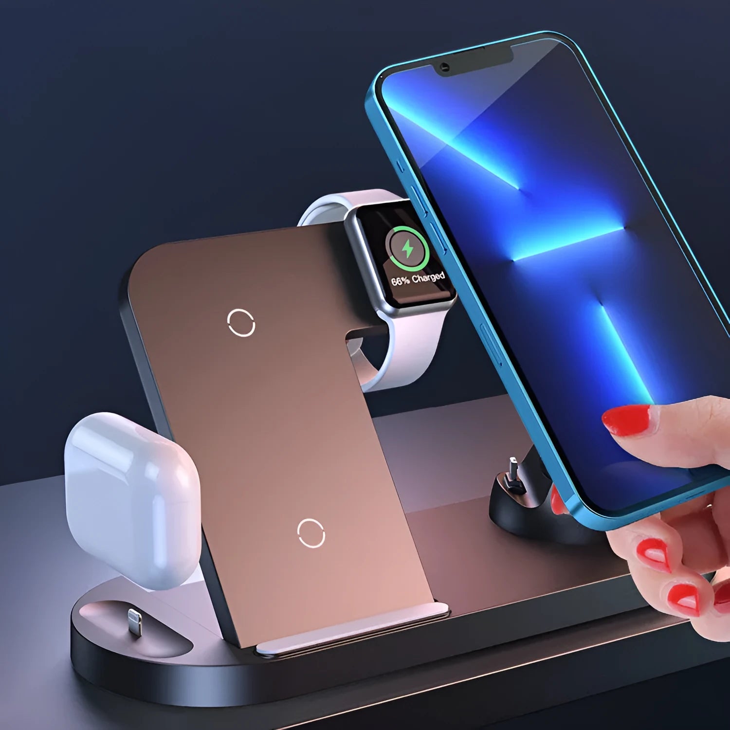 Black multifunctional wireless charger base plate with foldable design on a desk