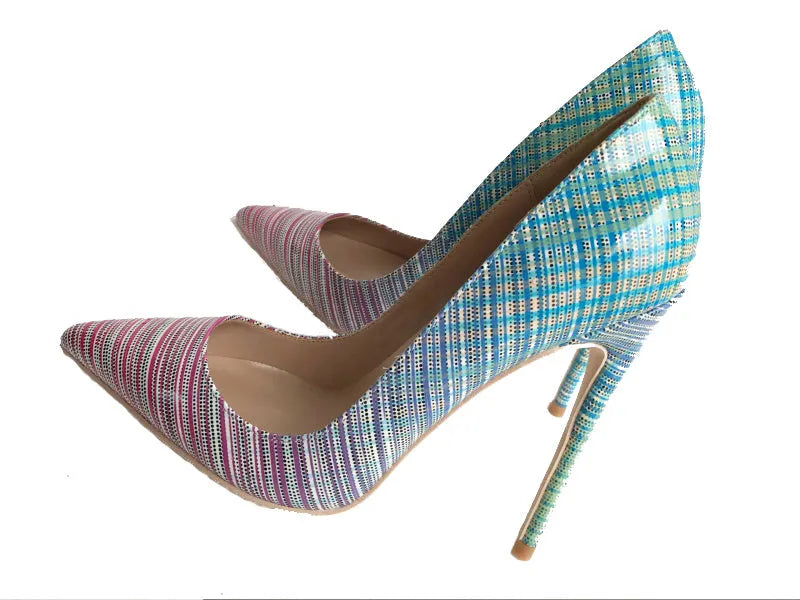 Ladies pink and blue gradient patent leather pointed toe high heels on a rubber sole.