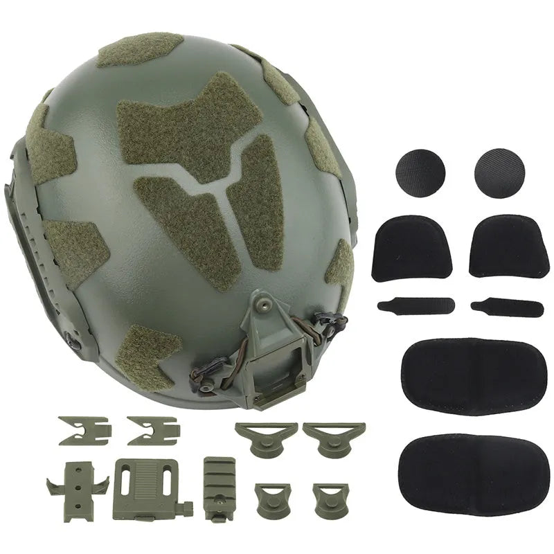 FAST SF full protection tactical helmet in engineering plastic, 27x22.5x16cm, shown in camouflage and black colour options