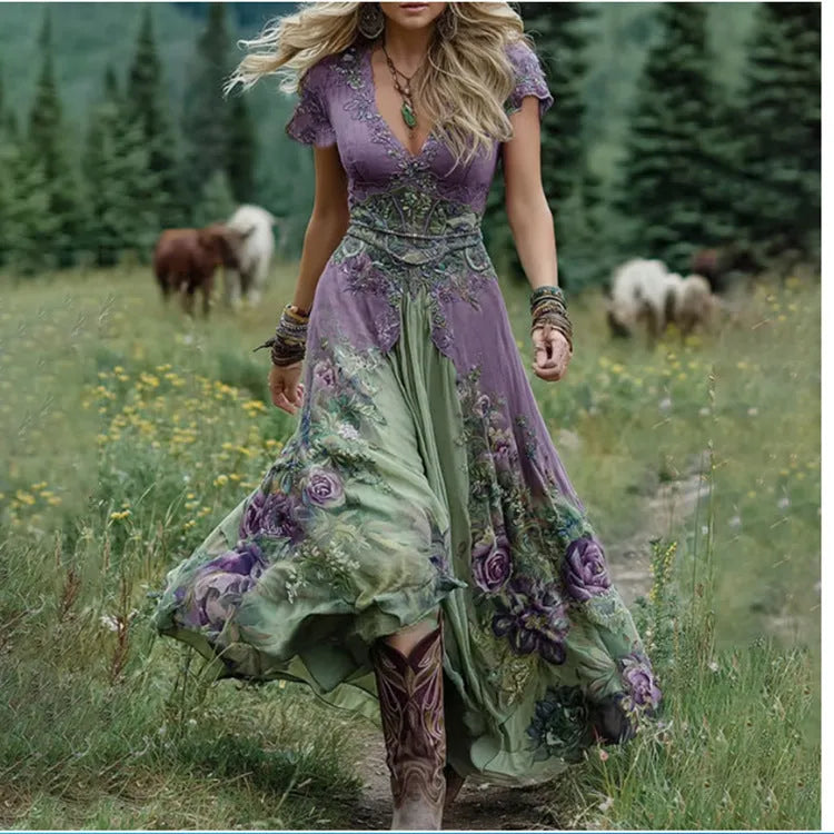 Women's loose deep V-neck dress with creative pattern totem design in artistic retro style