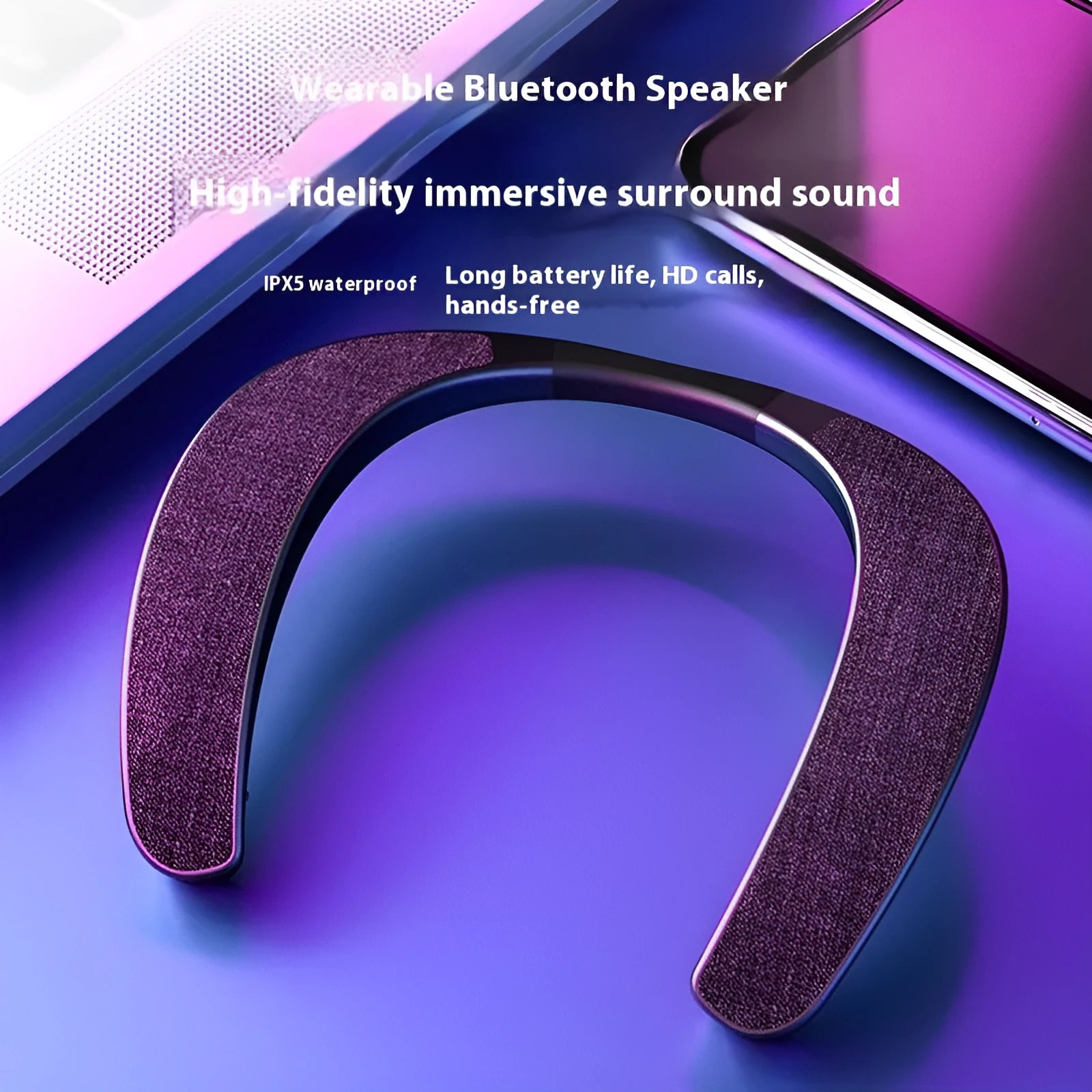 Black neck-mounted stereo wireless Bluetooth speaker with USB charging cable on neutral background