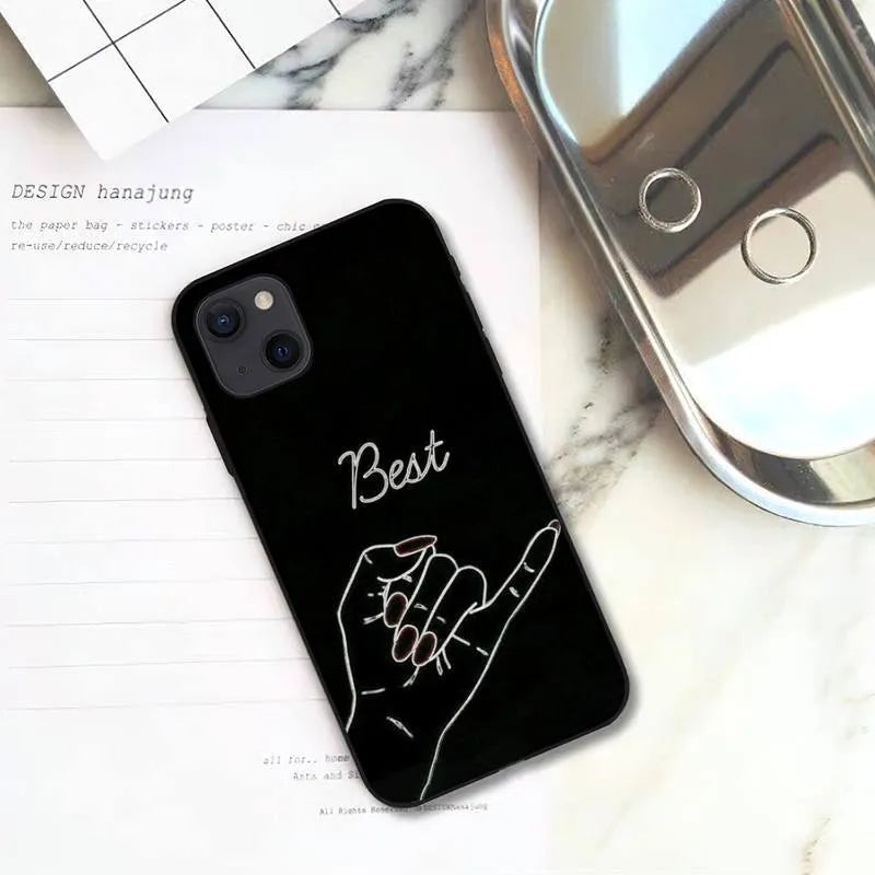 Black TPU phone case with white lines holding hands couple design, anti-fall back cover for Apple iPhone