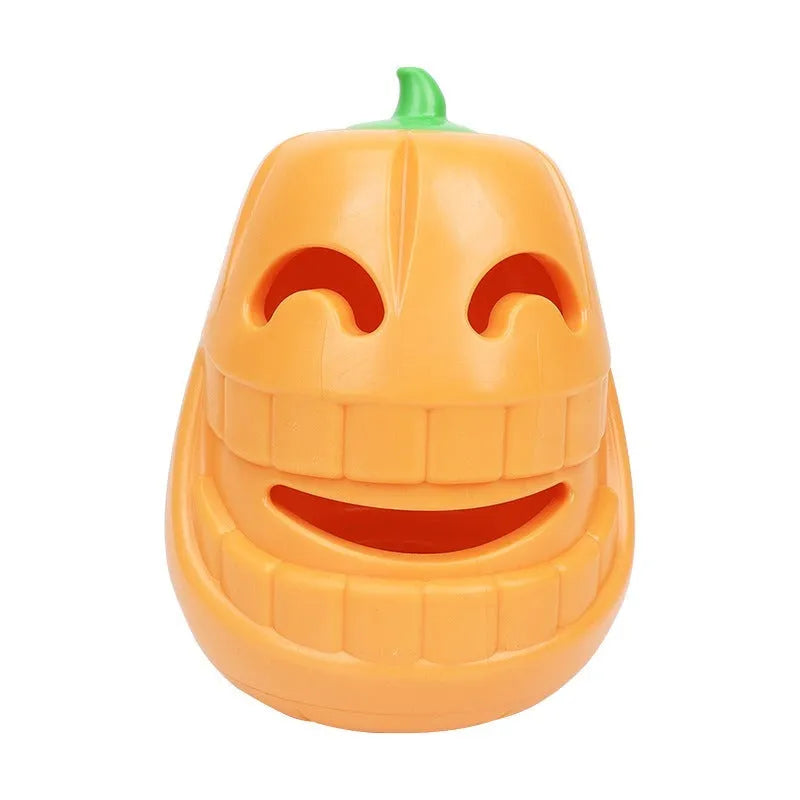 Halloween pumpkin shaped interactive dog chew toy with treat dispensing funnel