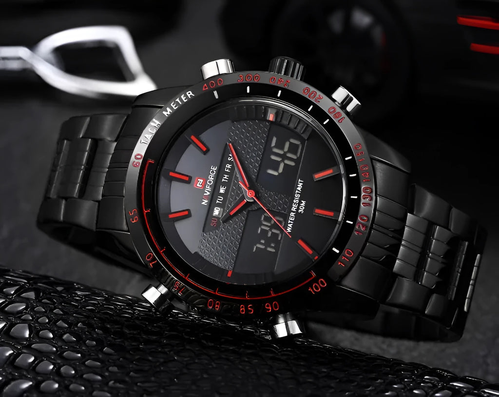 Kairos Naviforce men's sports watch with 46mm round black dial, alloy strap, and stainless steel pin buckle