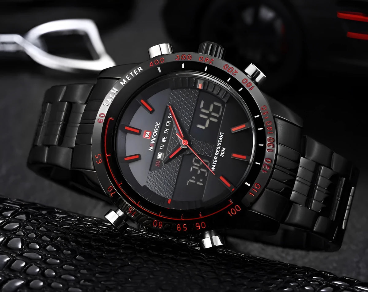 Kairos Naviforce men's sports watch with 46mm round black dial, alloy strap, and stainless steel pin buckle
