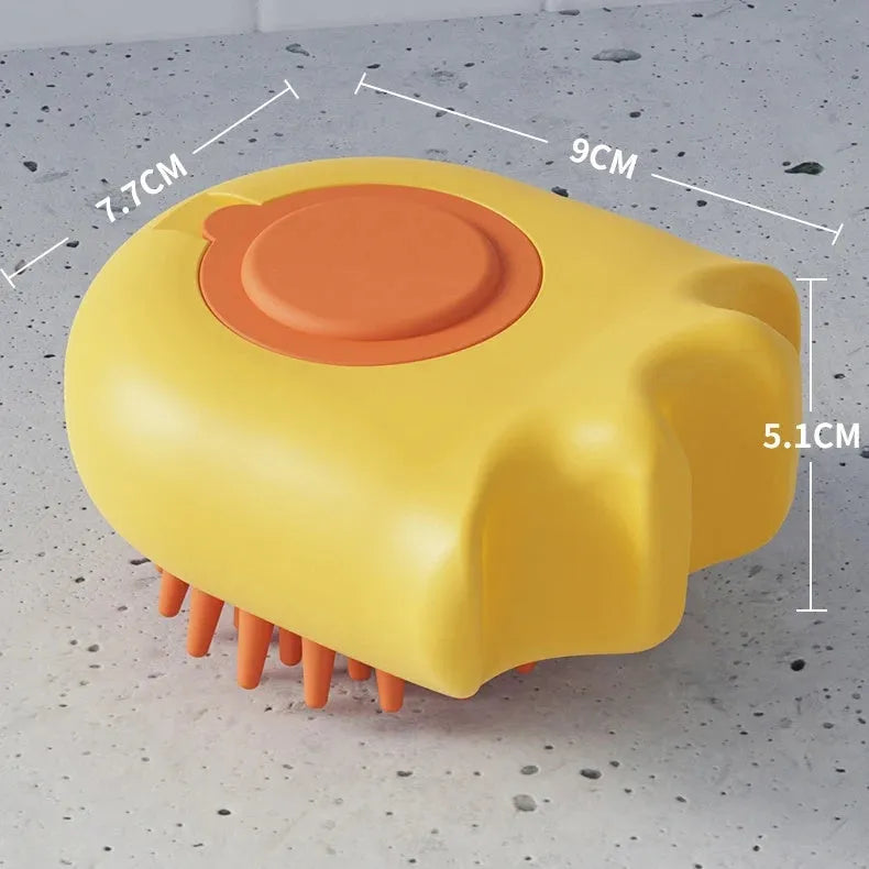 Pet bath brush massage comb with integrated shampoo box in blue, orange, and yellow colour options