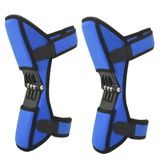 Black adjustable knee brace with patella support and visible booster spring mechanism for sports.