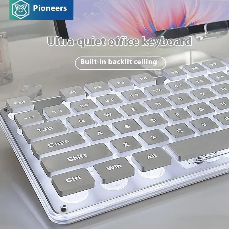 Wired mechanical feeling keyboard with button mute and multiple colour lighting options on desk