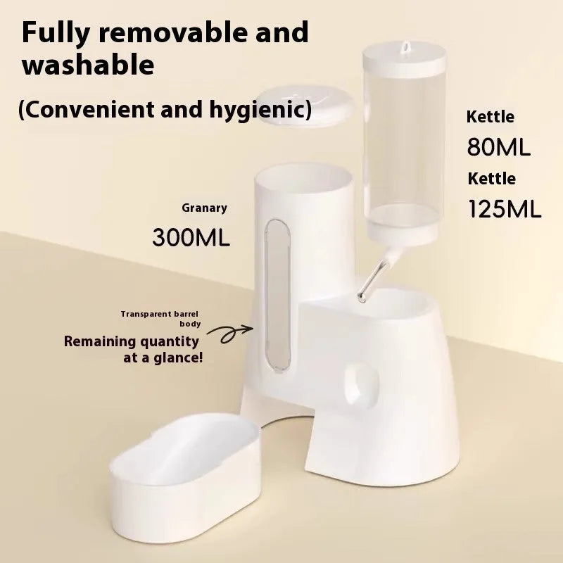 White, blue, and pink hamster automatic drinking water feeder and food basin for cage use.