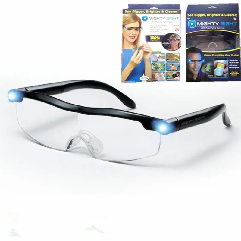 Transparent black USB LED reading glasses with integrated lighting for scheduled reading use