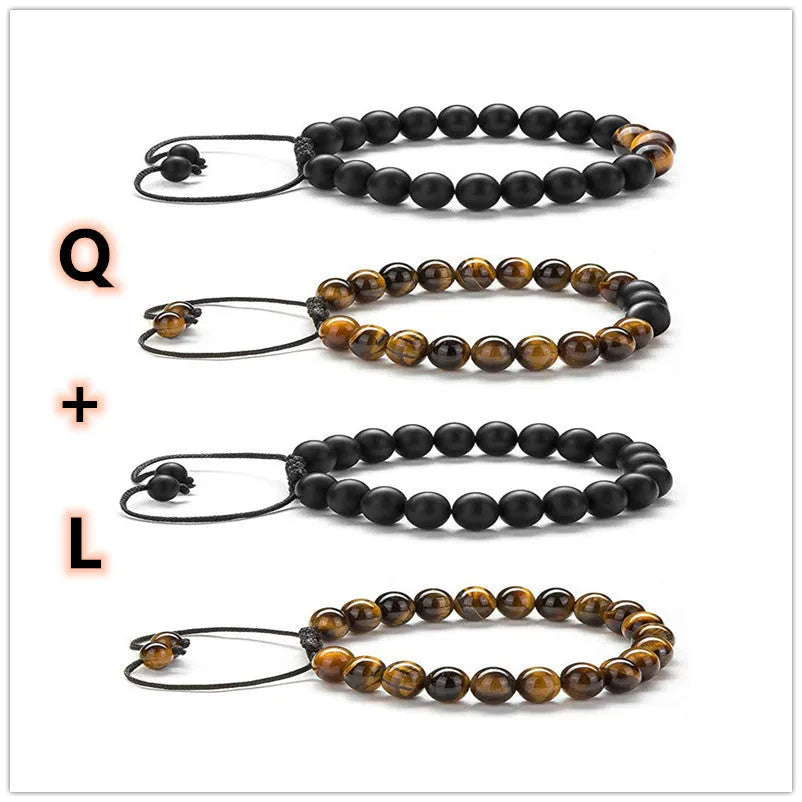 Geometric matte black agate couple bracelets for matching wear.