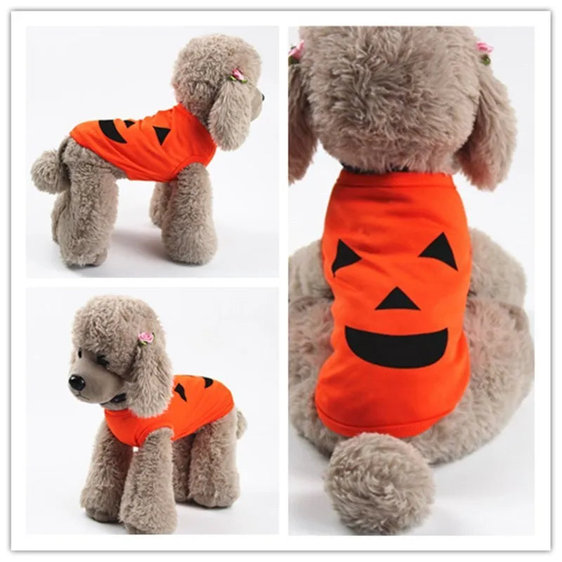 Orange Halloween pet pumpkin clothes costume shirt for cats and small to medium dogs, Grimace or Smiley style