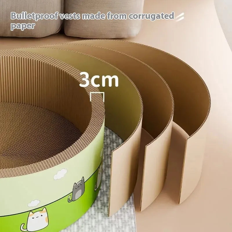 A large, round, beige corrugated cardboard cat scratch board with deep concentric grooves on its surface.